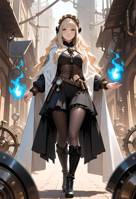 a mecha woman wizard, standing proudly, manipulating magical blue fire, ((only the fire is blue)) extremely beautiful woman (best Detailed, Masterpiece, Hyperrealistic) blond hair, rich hair, wavy hair, dynamic eyes color, wearing black and white dress, we...