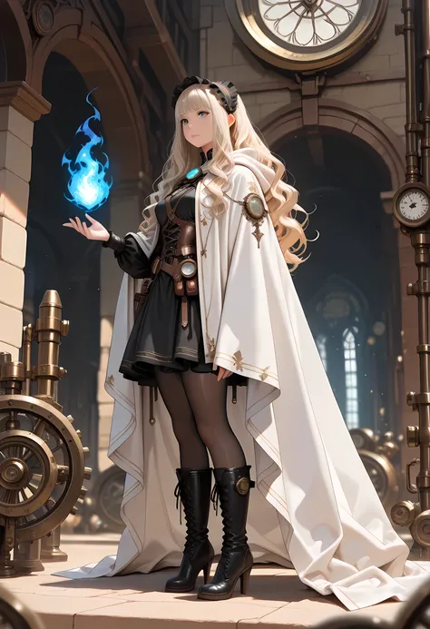 a mecha woman wizard, standing proudly, manipulating magical blue fire, ((only the fire is blue)) extremely beautiful woman (best Detailed, Masterpiece, Hyperrealistic) blond hair, rich hair, wavy hair, dynamic eyes color, wearing black and white dress, we...