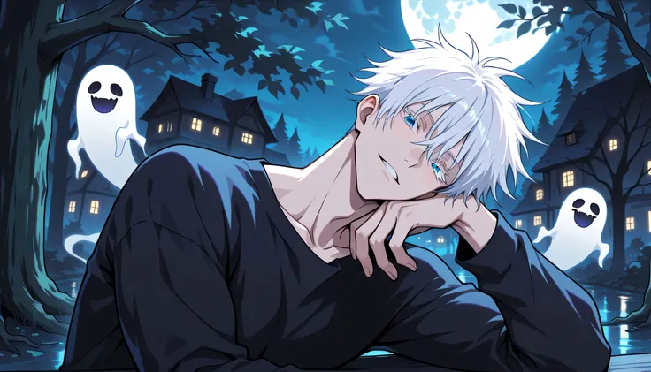 1man, adult, male focus, gojou satoru, jujutsu kaisen, white hair, short hair, ((hair between eyes)), colored eyelashes, white eyelashes, blue eyes, intricate eye iris, detailed eyes, muscular male, sexy man, handsome man, handsome face, shirt, ghost, han...