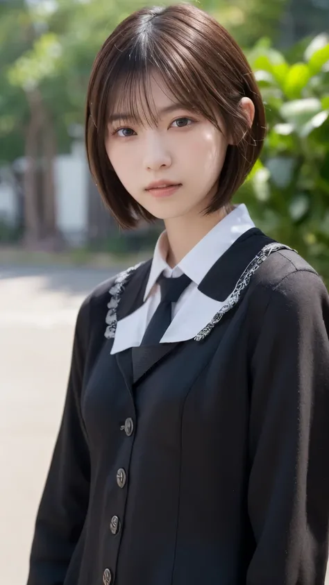 (Bob cut hair:1.2),( wearing black school uniforms:1.2),1 girl,Japanese,21 years old,(Small Breasts:1.3),(Top quality,masterpiece:1.3,super A high resolution,),(Super Detailed,Caustics),(Photoreal:1.4,RAW shooting,)Ultra Realistic Capture,Highly detailed,h...