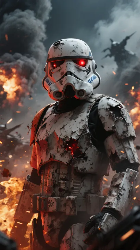 Render the upper body of a battle-damaged and scorched Imperial Stormtrooper. The background must be an intense battle scene filled with explosions, fire, and thick smoke. Make intense red light glow from the helmet's eyes to emphasize a menacing feel. Set...
