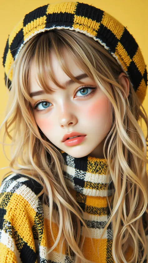 Glass bead eyes , Pure Light, Living retro doll . Neat bangs, Yellow and black check beret, Lovely . Soft blonde , Shoulders fluttering . Fluffy check turtleneck , Coziness. Her cheeks are puffy , Peach lips , Sweet imagination . Soft yellow space...