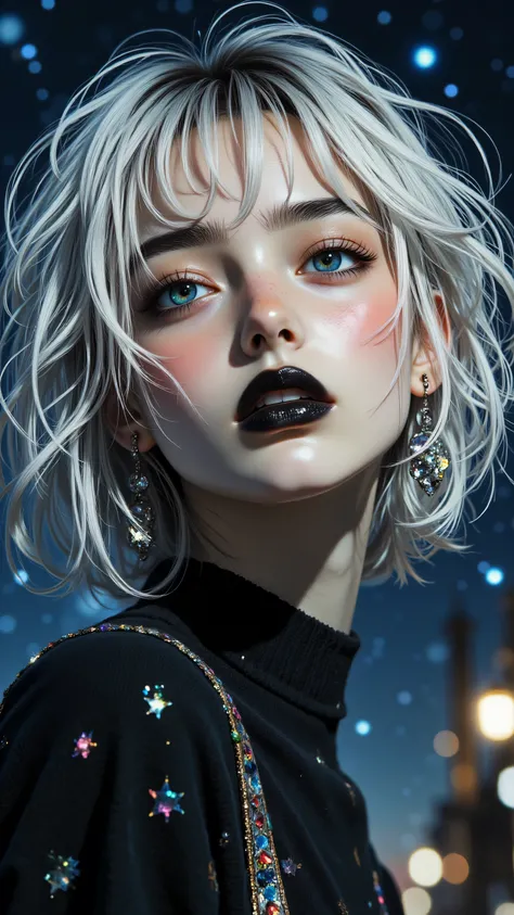 Short white blond hair that looks like stardust scattered, A face where the shadows of the night intersect with the sparkle of dawn, A song of silence with black lips, Earrings like silver shooting stars, Eyes staring at time and space.