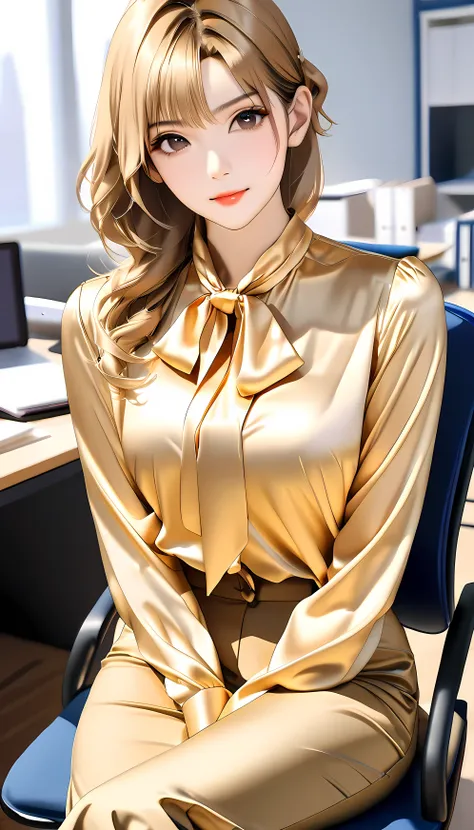 bow blouse, (full body image), anime style image, A woman sitting on a chair in an office room, , Realistic physique, perfect figure, (((The woman has her arms behind her body))), (((classic office style tie {X} classic office style soft material tie silk ...