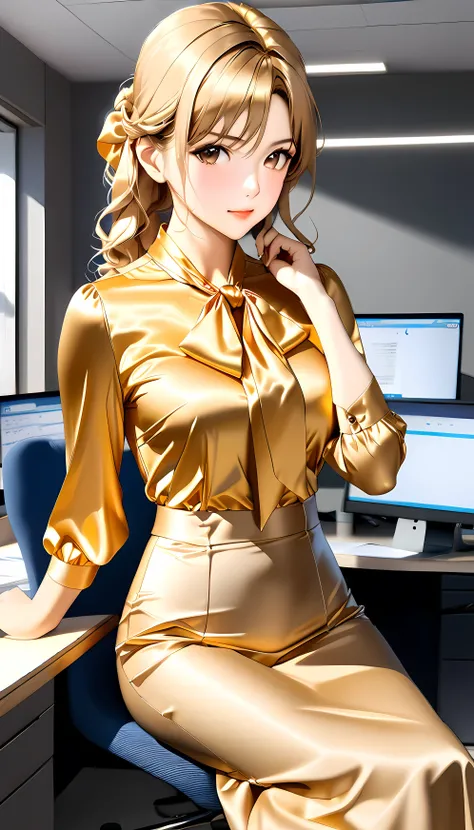 bow blouse, (full body image), anime style image, A woman sitting on a chair in an office room, , Realistic physique, perfect figure, (((The woman has her arms behind her body))), (((classic office style tie {X} classic office style soft material tie silk ...