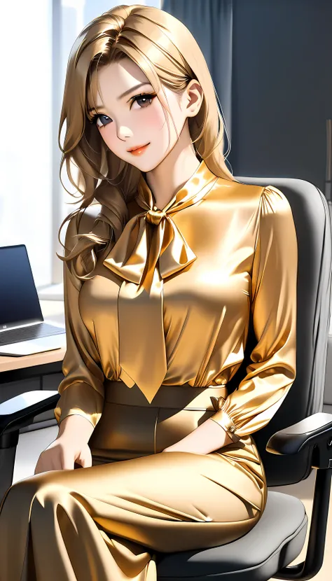 bow blouse, (full body image), anime style image, A woman sitting on a chair in an office room, , Realistic physique, perfect figure, (((The woman has her arms behind her body))), (((classic office style tie {X} classic office style soft material tie silk ...