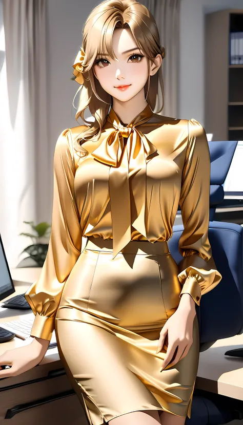 bow blouse, (full body image), anime style image, A woman sitting on a chair in an office room, , Realistic physique, perfect figure, (((The woman has her arms behind her body))), (((classic office style tie {X} classic office style soft material tie silk ...