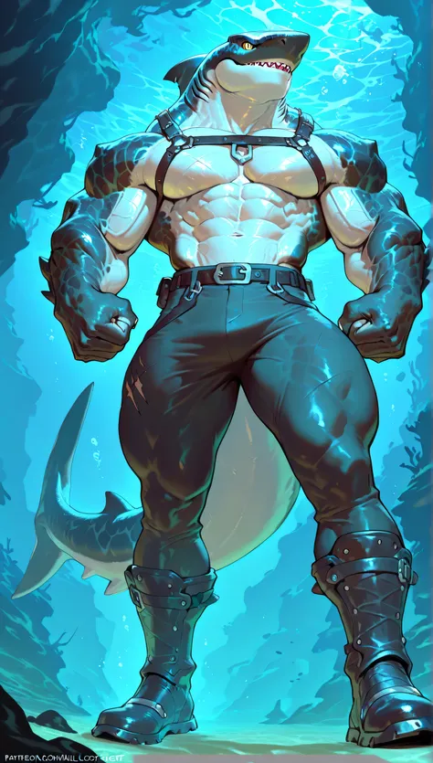 ((viewed from below)), (((by ShockJaws))), Muscular monster shark, super massive muscle, freakish biceps, aggressive, leather harness, ((thick defined thighs)), ((thick defined calves)), defined abs, solo, body made of steel, strong, wicked boots, black, c...