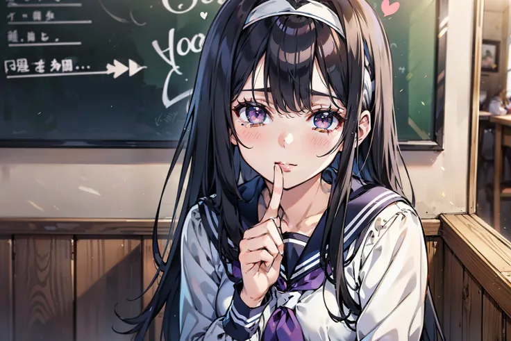 (1 Woman:1.4), 8-head body, 8k, Top quality, masterpiece, super details, ultra high definition, realistic, RAW photo , absolute resolution, dark haired, high school girl wearing a navy sailor suit, animated 2D rendering, realistic若いアニメの女子高生, (White Headband:1.4), purple eyes, Small Breasts, tall,  Suspended Eyes, (cafe scene), bright color, long straight hair, Broken Heart, is shedding tears, 