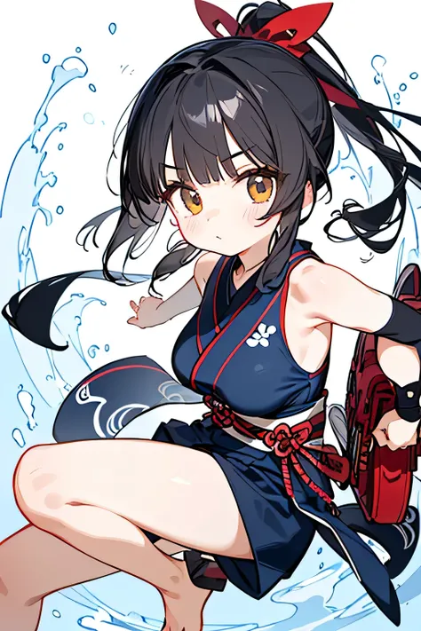NINJA WIND,Beautiful girl,((short ponytail)),mystical vibe, natural body,Hand guard,Haori,(sleeveless x kimono style+long hem x shorts=navy blue ninja costume)Niso x foot bag,Detailed Clothes,(Slender Body,marshmallow breasts ,),BEAUTIFUL BLACK HAIR,Beauti...
