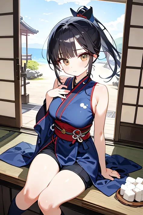 NINJA WIND,Beautiful girl,((short ponytail)),mystical vibe, natural body,Hand guard,Haori,(sleeveless+Kimono style+Long hem+shorts=navy blue ninja costume)Niso+ socks,Detailed Clothes,(Slender Body,marshmallow breasts ,),BEAUTIFUL BLACK HAIR,Beautiful face...