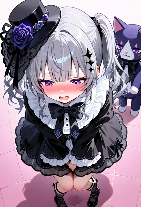 1girl, best quality,  acid\(maimai\), dress, hat, twintails, bowtie, black dress, kneehighs, gem, ta fashion, gothic ta, , gray hair, purple eyes, hair ornament, black bow, black bowtie, black flower, black hat, black rose, black socks, mini hat, stuffed c...