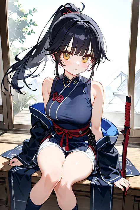 NINJA WIND,Beautiful girl,((short ponytail)),mystical vibe, natural body,Hand guard,(sleeveless+Kimono style+Long hem+shorts=navy blue ninja costume)Niso socks,Detailed Clothes,(Slender Body,marshmallow breasts ,),BEAUTIFUL BLACK HAIR,Beautiful face,Clear ...