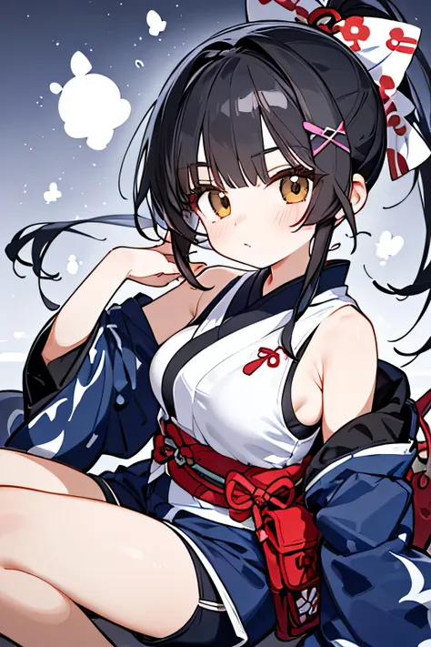 NINJA WIND,Beautiful girl,((short ponytail)),mystical vibe, natural body,Hand guard,Haori,(sleeveless+Kimono style+Long hem+shorts=navy blue ninja costume)Niso x foot bag,Detailed Clothes,(Slender Body,marshmallow breasts ,),BEAUTIFUL BLACK HAIR,Beautiful ...