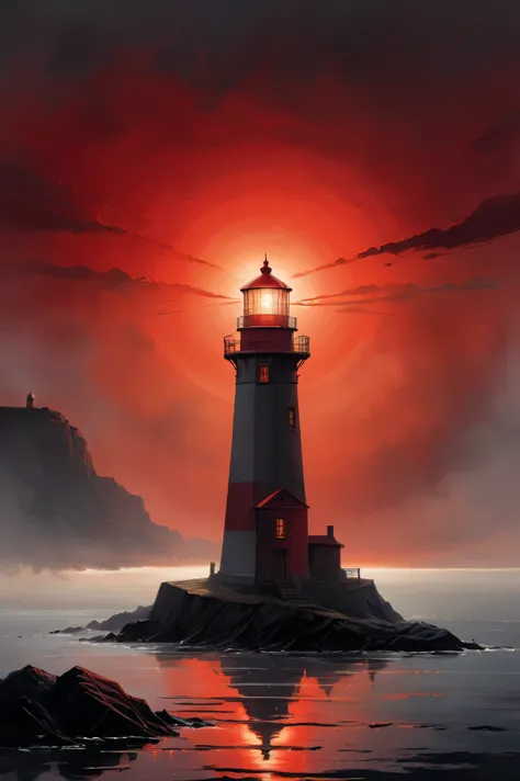 High Resolution, High Quality, Masterpiece. Colored ink sketch mimicking Philippe Vignal's artistry, lighthouse barely discernible through a dense fog, red dawn breaking the horizon, a solitary beam piercing the dark ambiance, capturing Tyndall Effect, con...