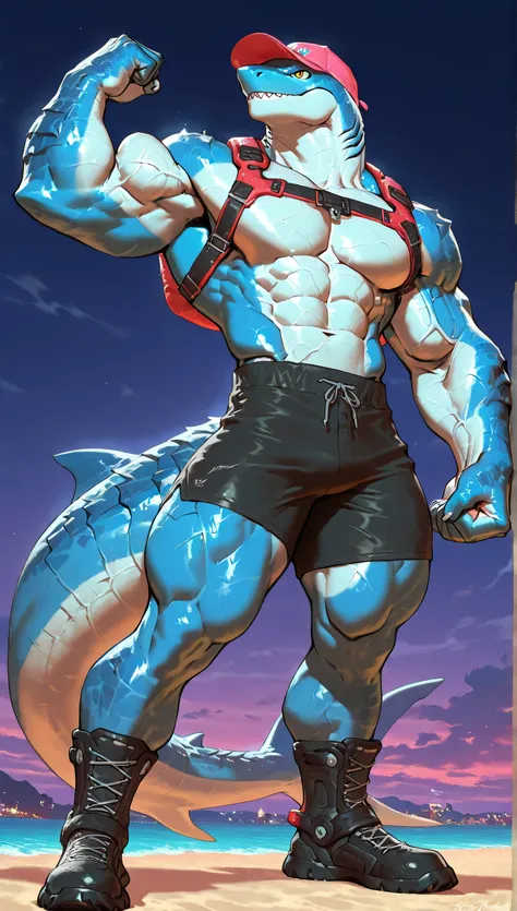 (((by ShockJaws))), Muscular ((monster)) shark, flexing arms, intimidating, blue body, backward baseball cap, showing off biceps, aggressive, tech harness, ((thick defined thighs)), ((thick defined calves)), highly defined abs, solo, body made of steel, wi...