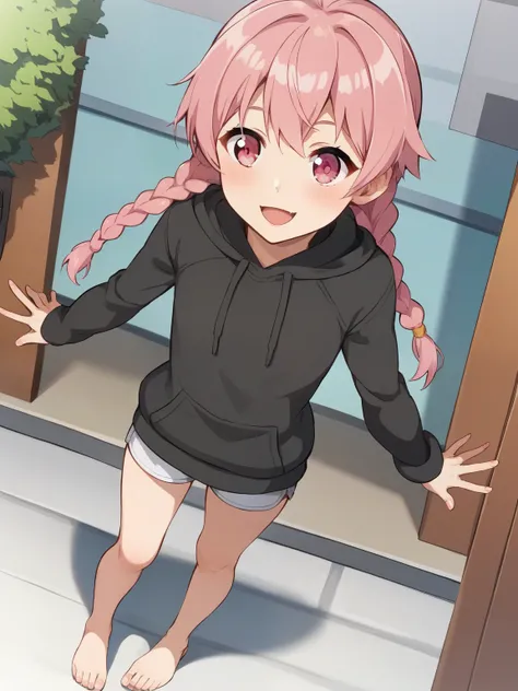 SCORE_9, SCORE_8_UP, SCORE_7_UP, Source_anime, nsfw，Uncorrected， cute anime，vinegar,  cute young  in the colors of an autumn festival stall，Babyface，Petite，Short Height，I'm looking for an  figure，thin hands and feet，round face，flat chest，Long braids　pink hair　Tight abs　pink eyes　cat ear hooded black black long hoodie　black black miniskirt　Barefoot　ピースサインが顔に近づきやvinegarく、目が白くなりやvinegarい　Smile　Alley　Young face，Kyoani Style，glitter，Dynamic Angle，Angle，dusk，evening，