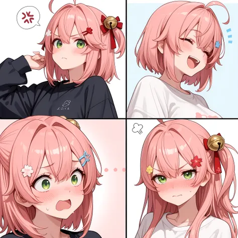 masterpiece,high resolution,Best Quality,8k,SakuraMiko, long hair, depicted in a four-panel image, each panel showcasing a face expression of different emotions: smile, blush, shy, and scared. The character uses body language to vividly convey each emotion...