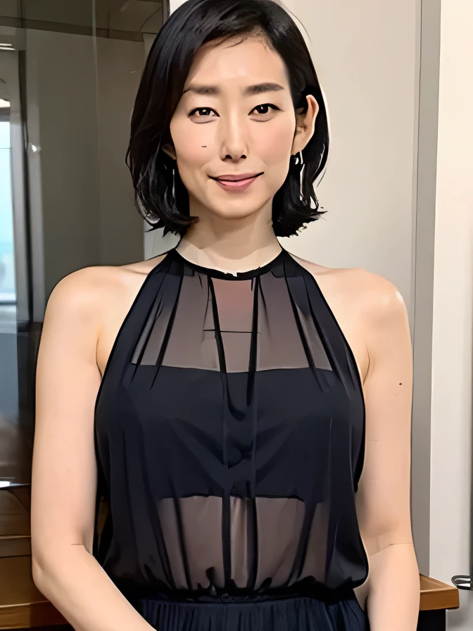 1 Japanese Woman, Mature Woman, 30 years old, earth-colored see-through fabric camisole in a dark closet,halter neck,  My nipples are half exposed, Top quality,high definition,Realistic,8k,masterpiece, 暗いクローゼットの中にいる,