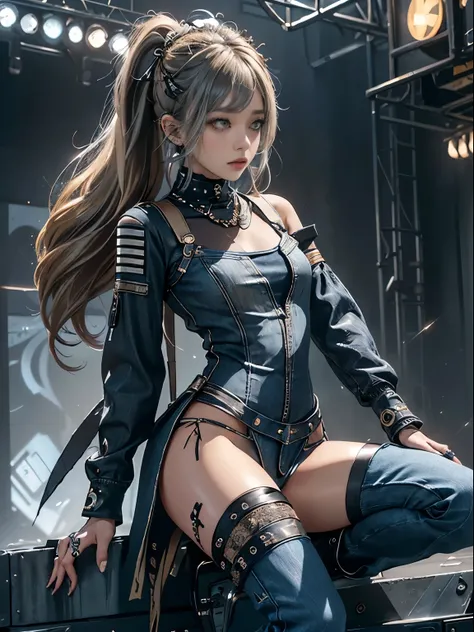 (full body view:1.3)、(Full body pose:1.mile:1.3),(Shibuya Gal:1.5)、( fashion magazine model:1.4)、(Goth Style Fashion:1.5)、( super high leg bodysuit delicately decorated with tattered denim and black futuristic silver accessories:1.5)、(Delicately embellishe...