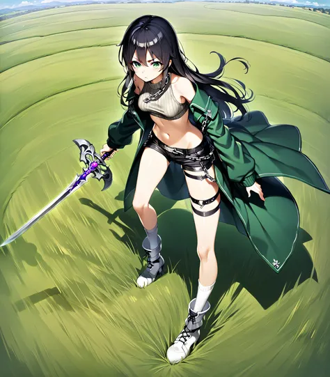 1 tall young female, green coat, mid breasts, white navel-baring sweater with silver thick iron chains for decoration, black leather shorts with silver thick iron chains for decoration, white boots with white long socks, black hair, black green eyes, well-...