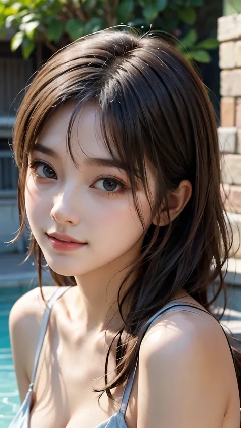  Fine Art , age Girl,  Very Detailedな顔と目, (( gentle gaze , Gentle smile)),  bust shot,  beautiful eyes in every detail, Beautiful lips down to the last detail,  Very Detailedな顔,  long eyelashes,  beautiful breasts,  sexy bikini,  poolside scenery , (( high...