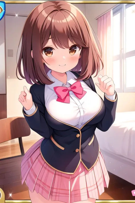 (masterpiece, best quality), highly detailed background, anime quality, shiina kokomi, solo, brown hair, long hair, brown eyes, breasts, blazer, white shirt, red bowtie, pink skirt, plaid skirt, gentle, big breast, on room, happy and smile, fully shoulders...