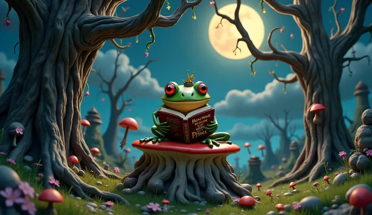 whimsical super-detailed surreal gothic witchy frog reading a book "How to become a prince"  on a melting mushroom with intricate mystical magical forest graveyard scene with large twisted haunted trees background with full moon above and a starry sky mute...