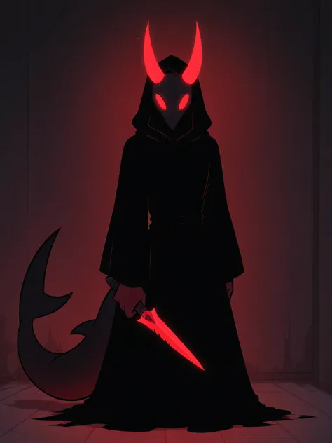 solo, holding dagger, man, tall, red bird mask, black shark tail, red oni horns, red glowing eyes, black hood, black robes with red marks, darkness, shadows, hidden face, inside darkness, barely visible, best quality, amazing quality, highres, absurdres, ...