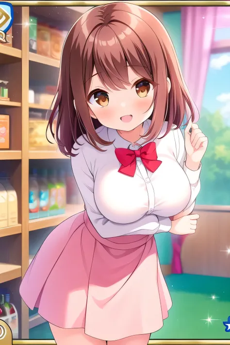 (masterpiece, best quality), highly detailed background, anime quality, shiina kokomi, solo, brown hair, long hair, brown eyes, large breasts, blazer, white shirt, red bowtie, pink skirt, plaid skirt, gentle, big breast, on store, happy and smile, fully sh...