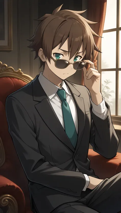 Give your images flat even illumination (negative) or dramatic chiaroscuro lighting (positive), satou_kazuma, 1boy, , male_focus, brown_hair, solo, green_eyes, sitting, looking_at_viewer, indoors, , window, , , , short_hair,1boy, solo, male_focus, sunglass...