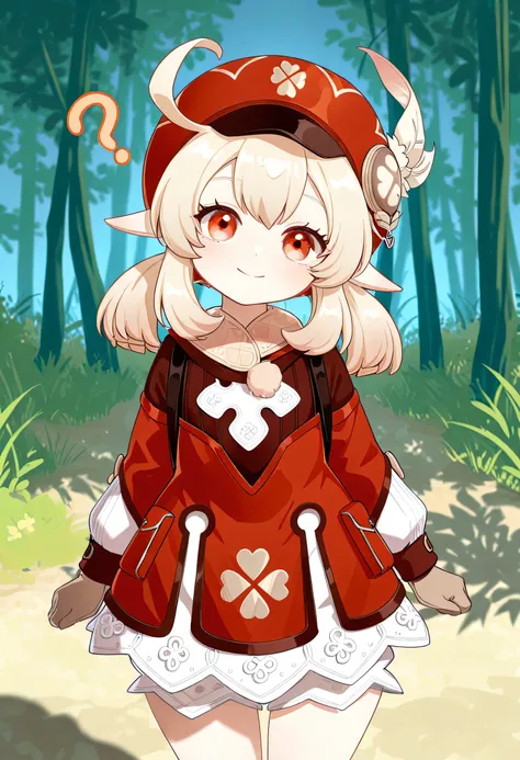 1girl, solo, Klee_(Genshin_Impact), red_eyes, blonde_hair, medium_hair, low_twintails, sidelocks, ahoge, pointy_ears, flat_chest, cabbie_hat, red_hat, red_coat, brown_gloves, brown_scarf, long_sleeves, white_bloomers, clover_print, red_dress, young girl, ,...