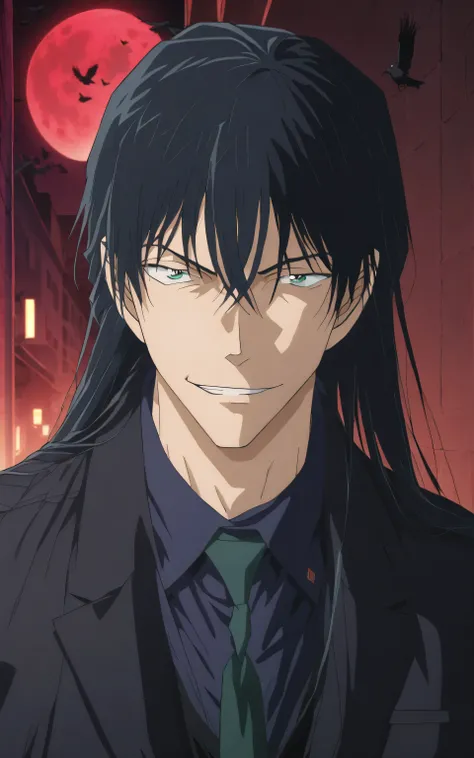1male,solo,fushiguro toji,long hair,black hair,green eyes,black coat,black shirt,black necktie,black vest,lazy,smirk,muscle,villain,alley,night,crows,bloods moon,