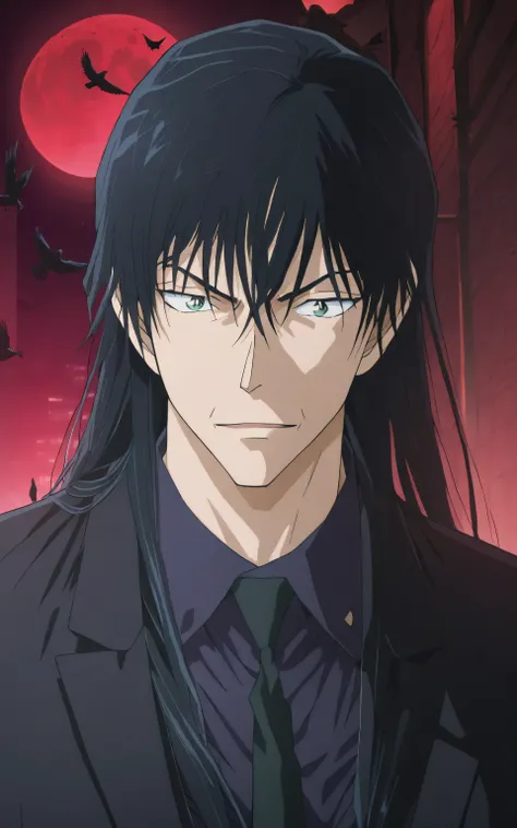 1male,solo,fushiguro toji,long hair,black hair,green eyes,black coat,black shirt,black necktie,black vest,lazy,cool face,muscle,villain,alley,night,crows,bloods moon,