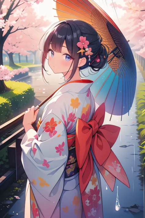 Impasto、Gradient Mesh/Digital Painting、
oil、watercolor、Vibrant colors、Blurred colors、Vivid、
（A Kimono Man Walking Along a Country Road in Japan（Elegant use of colors、Sublime colours）Wearing((woman))、
In the drizzling rain、Walking with a Japanese umbrella、I...