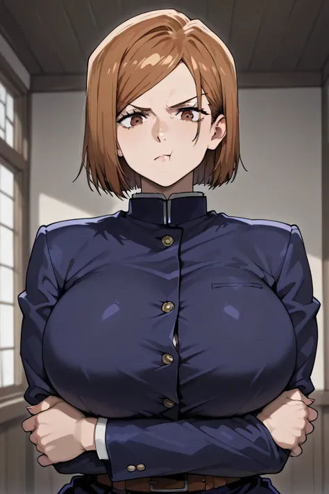 Nobara Kugisaki, in Jujustu Kaisen uniform, staring at viewer with pouty face, arms crossed, big breasts