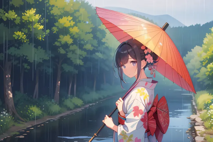 Impasto、Gradient Mesh/Digital Painting、
oil、watercolor、Vibrant colors、Blurred colors、Vivid、
（A Kimono Man Walking Along a Country Road in Japan（Elegant use of colors、Sublime colours）Wearing((woman))、
In the drizzling rain、Walking with a Japanese umbrella、I...