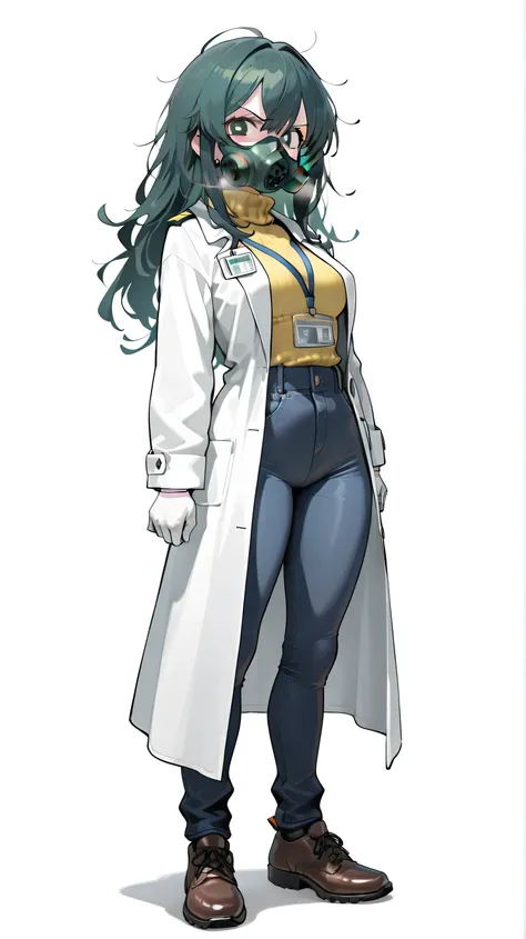 (Masterpiece:1.4, 4K, High quality, perfect), one girl , solo , dark green pupils , (((full body))), military green hair, dark green hair, long hair, frizzy hair, (((detailed eyes))), (((perfect eyes))), nuclear gas coming out from mouse , (((white backgro...