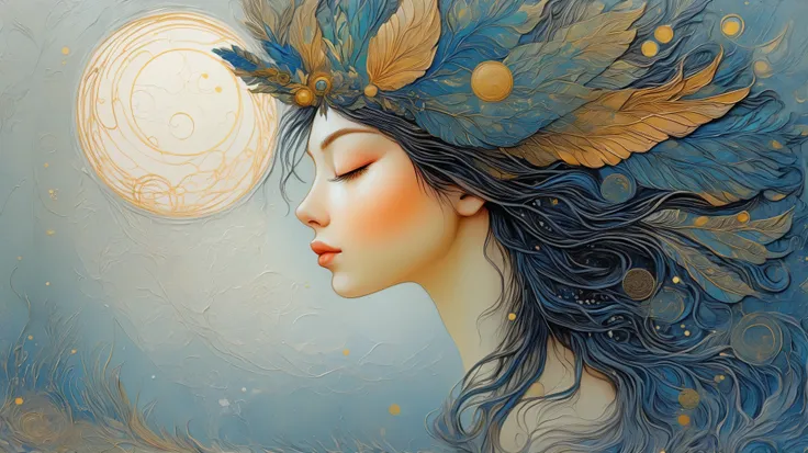 a painting of a woman with wings and a moon in the background, Botticelli and Victo Ngai, ethereal wings, beautiful and intricate painting, por Kelly Mckernan, beautiful intricate painting, intricate and detailed painting, Ethereal Angelic Being of Light ...