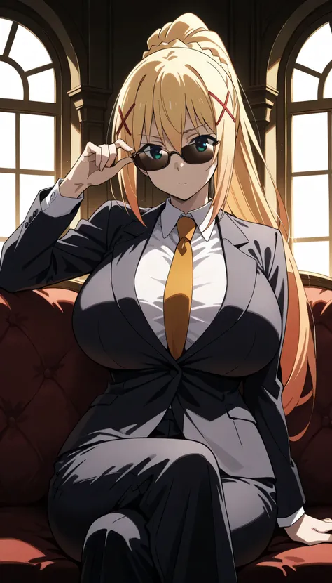 Give your images flat even illumination (negative) or dramatic chiaroscuro lighting (positive), 1girls, huge breasts solo, , sitting, looking_at_viewer, indoors, , window, solo, , sunglasses, suit, formal, necktie, , adjusting_eyewear, long_sleeves,,darkne...