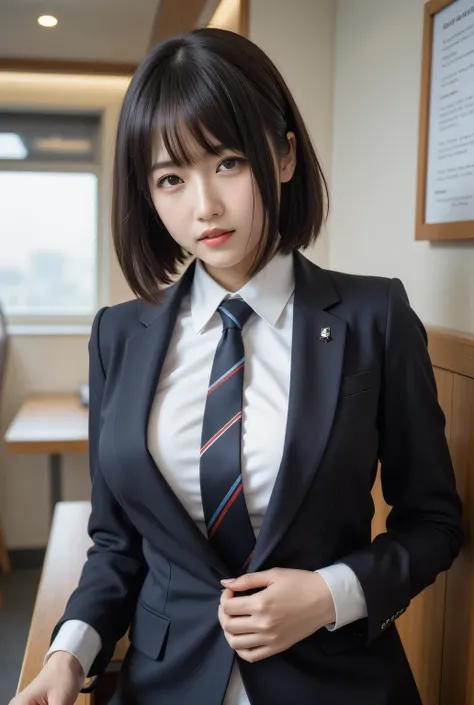 (Highly Detailed CG Unity 8k Wallpaper,masterpiece),(best lighting from above, Best Shadow, VERY DELICATE AND BEAUTIFUL),sf,(let's start with 1 girl resting),blue eyes, (( bungs、short hair)), suits, mini skirt、black pantyhose、long legs、standing photo, shor...