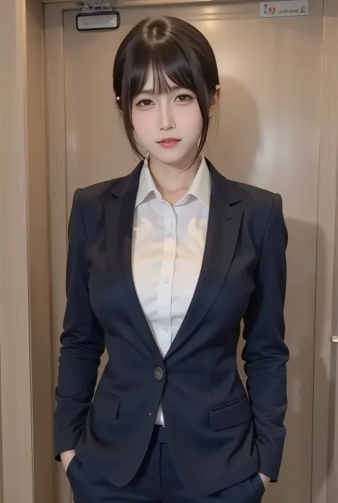 (highly detailed CG Unity 8K wallpaper,masterpiece),(BEST LIGHTING FROM ABOVE, Best Shadow, So Delicate And Beautiful),sf,(1 girl resting),blue eyes, (( bungs、short hair)), suits, pants、タイトなslacks、long legs、Standing Picture, short hair、Wrinkles in clothing...