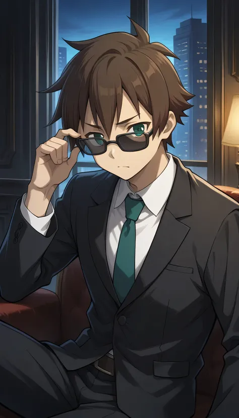 Give your images flat even illumination (negative) or dramatic chiaroscuro lighting (positive), satou_kazuma, 1boy, , male_focus, brown_hair, solo, green_eyes, sitting, looking_at_viewer, indoors, , window, , , , short_hair,1boy, solo, male_focus, sunglass...