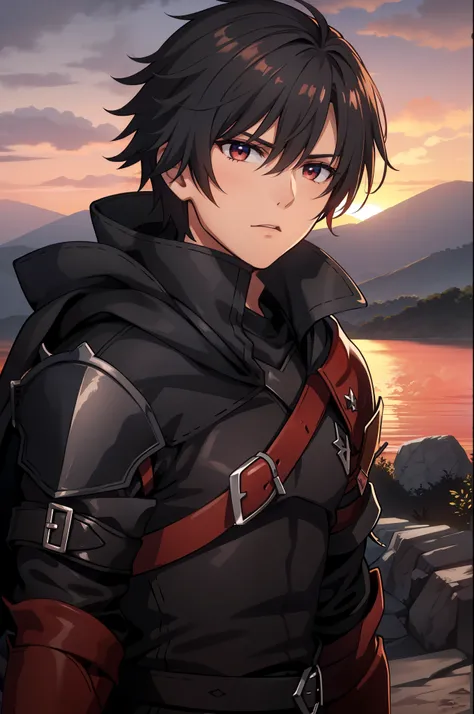 (high-quality, breathtaking),(expressive eyes, perfect face) 1boy, male, solo, young adult, Symmetrical Eyes, portrait, black hair, red eye color, short hair length, messy loose hair, neutral expression, soft smile, white shirt, black cloak red trim, fanta...