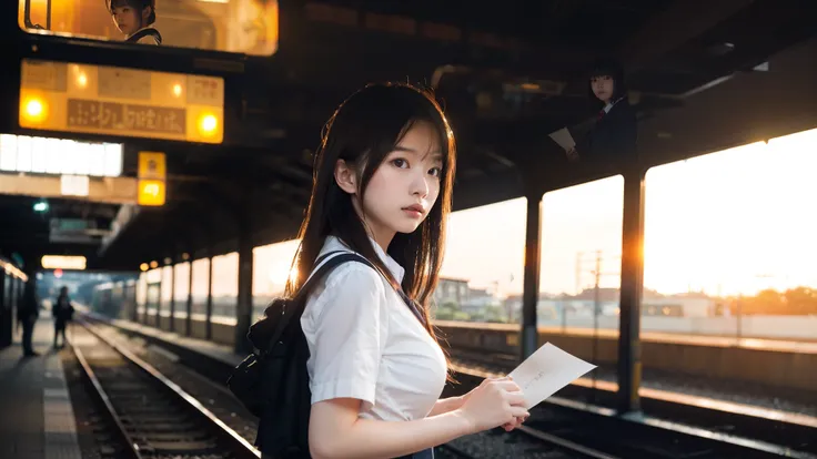 a japanese girl, big breast, in a school uniform standing alone on a train platform at sunset, holding a letter, warm orange light, emotional expression, wind blowing her hair gently, background with retro-style train and soft glowing lights, slightly blur...