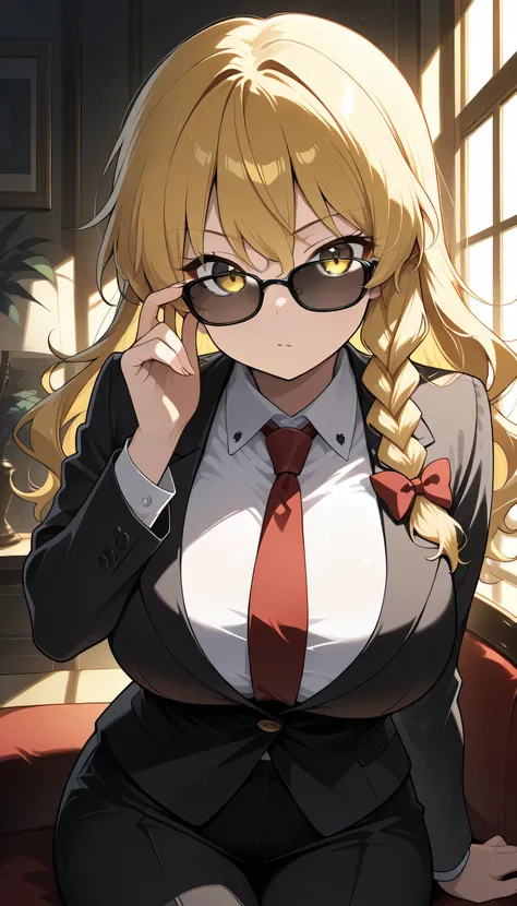 Give your images flat even illumination (negative) or dramatic chiaroscuro lighting (positive), 1girls, huge breasts solo, , sitting, looking_at_viewer, indoors, , window, solo, , sunglasses, suit, formal, necktie, , adjusting_eyewear, long_sleeves,kirisam...