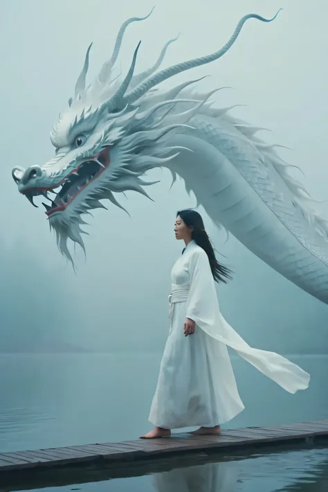 A white Chinese dragon looks down at a woman on a foggy lake. Clouds, thick fog, symmetrical composition, a woman in a white robe walking on the lake and looking at the dragon, full of mystery, close-up