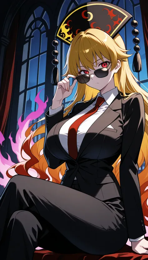 Give your images flat even illumination (negative) or dramatic chiaroscuro lighting (positive), 1girls, huge breasts solo, , sitting, looking_at_viewer, indoors, , window, solo, , sunglasses, suit, formal, necktie, , adjusting_eyewear, long_sleeves,junko, ...