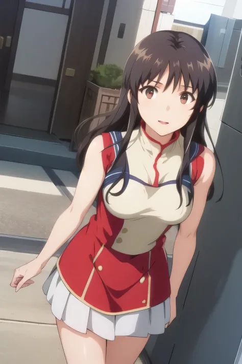 Can you draw a woman with a nice smile，The face is absolutely necessary，wears a dark blue pleated skirt，Big breastsをさらにBig breastsに描けますか，wears two-high stockings on both legs，。{{X}},Please draw her expression more delicately，walking alone，         city tou...
