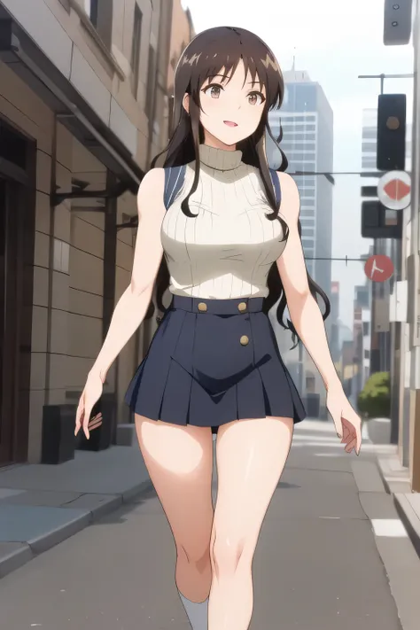 Can you draw a woman with a nice smile,The face is absolutely necessary,wears a dark blue pleated skirt,Big breastsをさらにBig breastsに描けますか,wears two-high stockings on both legs,。{{X}},Please draw her expression more delicately,walking alone, city tou...